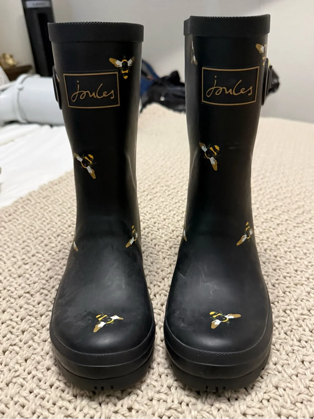 Joules Black Rain Boots with Yellow Bee Print - Size 6